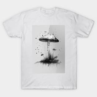 Rustic Minimalist Mushroom Art Greyscale Grunge Print T-Shirt